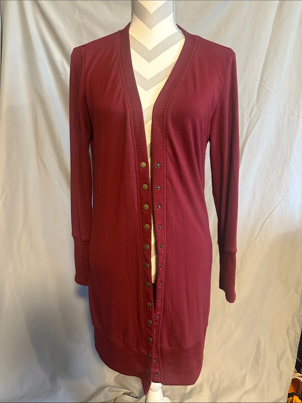 Women's Long Snap-Front Cardigan - Burgundy